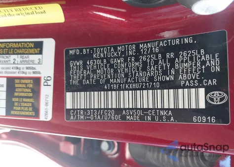 2017 Toyota Camry Le from USA, damaged, VIN 4T1BF1FKXHU721710